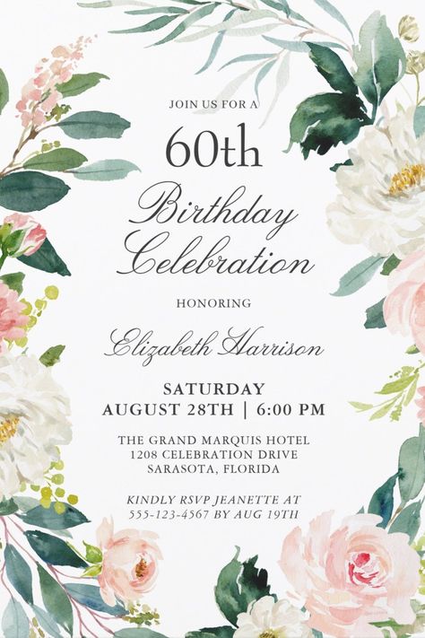 Elegant Watercolor Floral 60th Birthday Party Invitations Elegant Birthday Invitations, 90th Birthday Party, 70th Birthday Party, 60th Birthday Party Invitations, Invitation Frames, 60th Birthday Invitations, 90's Birthday Party, 70th Birthday Parties, Elegant Birthday