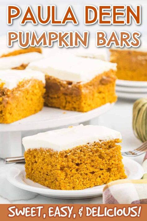 This Paula Deen Pumpkin Bars make the perfect fall dessert. Adding the homemade cream cheese frosting makes this fall treat even better. These pumpkin bars are always served during Thanksgiving. It is full of pumpkin flavor and the best cream cheese frosting. This easy recipe is loved by everyone and is the perfect pumpkin dessert. #eatingonadime #pumpkinbars #pauladeenrecipe Paula Deen Pumpkin Bars, Easy Pumpkin Bars, Pumpkin Bars With Cream Cheese, Dessert For Fall, Bars With Cream Cheese Frosting, Bars With Cream Cheese, Easy Bar Recipes, Pumpkin Sheet Cake, Dump Cake Pumpkin