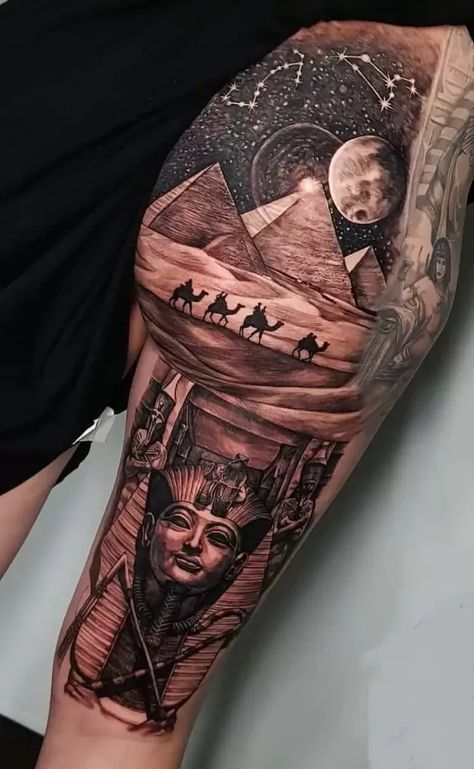 Egyptian Tattoos: Why Are We Still so Interested in Ancient Egypt? Pyramid Tattoos, King Tut Tattoo, Egypt Tattoo Design, Egyptian Tattoos, Egyptian Eye Tattoos, Pyramid Tattoo, Africa Tattoos, Egyptian Tattoo Sleeve, African Tattoo