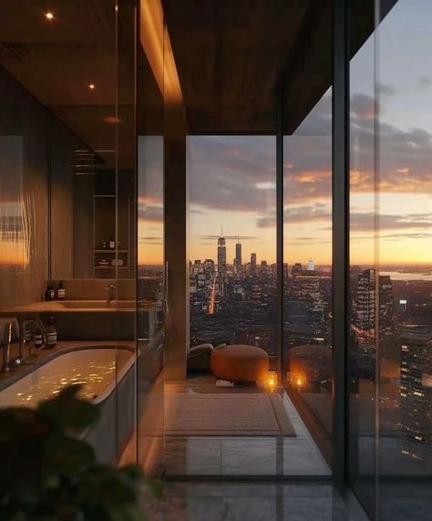 City House Interior, Luxury Penthouse Bedroom, Luxury Hotel Room Aesthetic, Apartamento New York, Penthouse Aesthetic, Appartement New York, Penthouse Bedroom, Nyc Penthouse, Apartment View