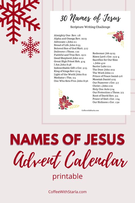 Jesus Advent Calendar, Names Of Jesus Advent, Best Advent Calendar, Calendar For Christmas, The Names Of Jesus, Journaling Scripture, Advent Calendar Printable, Jesus Printable, Christmas Verses