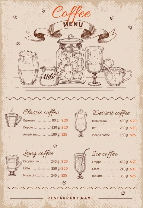 Coffee hand drawn restaurant menu | Free Vector #Freepik #freevector #food #menu #coffee #hand Cafeteria Vintage, Papan Menu, Coffee Menu Design, Menu Coffee, Menu Vintage, Menu Board Design, Menu Design Inspiration, Cafe Menu Design, Vintage Bakery