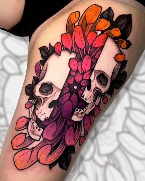 Neotraditional Pinup Tattoo, Neotraditional Hummingbird Tattoo, Japanese Neotraditional Tattoo, Neotraditional Sunflower Tattoo, Color Leg Tattoos, Neo Traditional Flowers, Color Tattoo Sleeve, Flower Color Tattoo, Bright Flower Tattoos