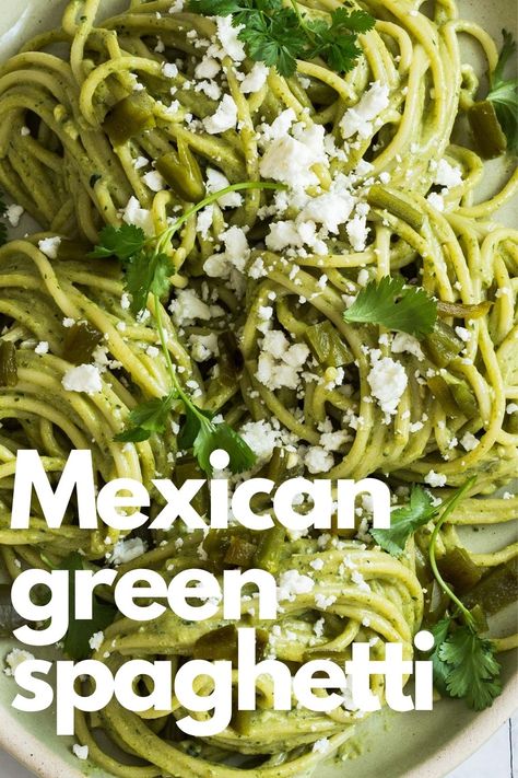 Green Spaghetti Recipe Mexican Easy, Green Spaghetti Recipe Mexican, Poblano Pasta, Mexican Green Spaghetti, Green Spaghetti Recipe, Spaghetti Verde, Green Pasta Recipe, Southwestern Food, Mexican Spaghetti