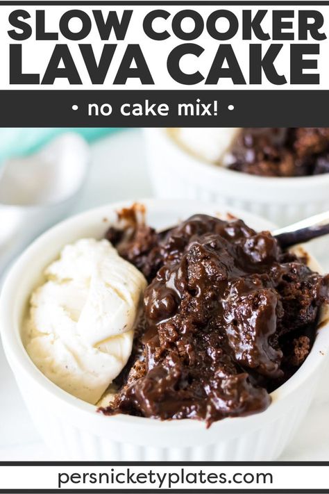 Crock Pot Molten Lava Cake, Molten Chocolate Lava Cake Crock Pot, Crock Pot Chocolate Lava Cake, Crockpot Molten Lava Cake, Hot Lava Cake Recipes, Warm Chocolate Cake, Chocolate Lava Cake In Crock Pot, Crock Pot Lava Cake Recipe, Chocolate Cake Crockpot