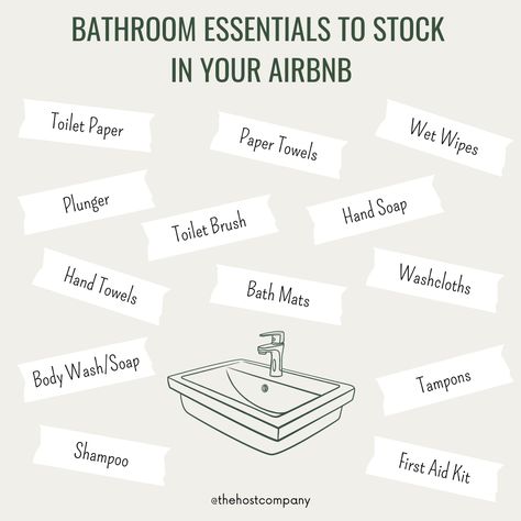 Airbnb Stocking List, Airbnb Shopping List, Airbnb Host Aesthetic, Airbnb Must Haves, Air Bnb Bathroom, Air Bnb Ideas Decor, Bathroom Essentials Checklist, Superhost Airbnb, Bathroom Designs 2023