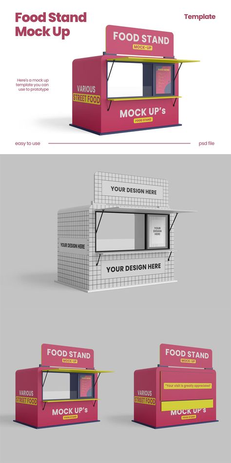 Food Stand MockUp Booth Shop Design, Food Both Design, Burger Kiosk Design, Burger Stall Design, Booth Food Design, Market Food Stall Ideas, Stand Booth Design Food, Food Corner Design, Food Stand Design Street