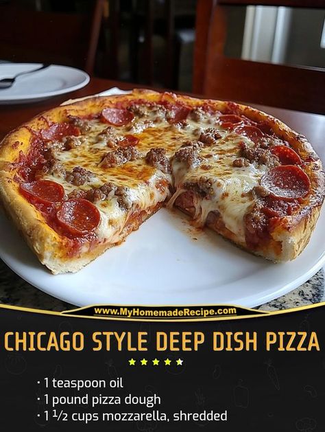 Easy and tasty recipes | HOMEMADE CHICAGO STYLE DEEP DISH PIZZA | Facebook Chicago Style Pizza Recipe, Homemade Chicago Style Deep Dish Pizza, Detroit Deep Dish Pizza Recipe, Deep Dish Pizza Cast Iron, Chicago Pizza Recipe, Chicago Deep Dish Pizza Recipe, Specialty Pizza, Homemade Italian Pizza, Pizza Variety