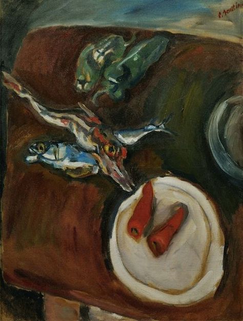 Chaim Soutine - Still-life with fish, peppers and carrots, 1918. Хаим Сутин - Натюрморт с рыбой, перцем и морковью, 1918. Soutine Chaim, Domestic Art, Chaim Soutine, Still Life Artists, Live Art, Expressionist Art, Model Paint, Oil Painting Reproductions, Painting Still Life