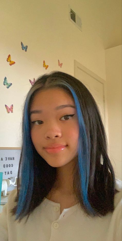 Front Two Strands Hair Dye, Two Front Strands Of Hair Dyed Blue, Blue Strands Hair, Blue Hair Front Pieces, Two Front Strands Of Hair Dyed, Dyed Hair Front Strands Only, Blue Hair Strands, Blue Strands In Hair, Egirl Hair Dye