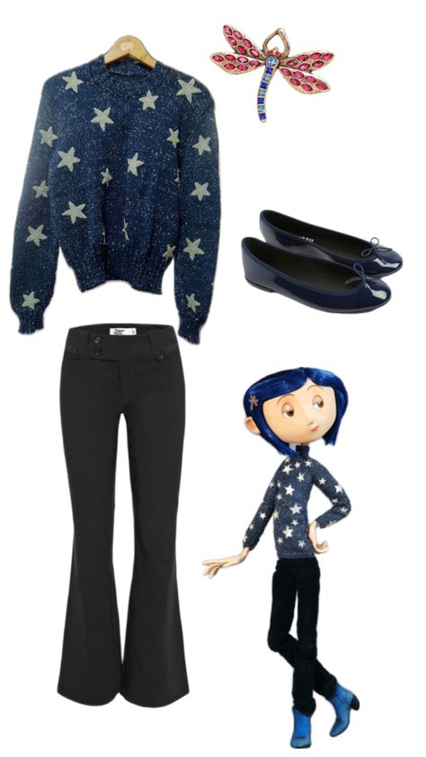 Navy star sweater. Coraline Inspired Outift. Halloween Inspo Coraline Outfit Inspiration, Diy Coraline Costume, Coraline Outfit Ideas, Coraline Clothes, Coraline Inspired Outfit, Coraline Sweater, Coraline Style, Coraline Outfit, Coraline Cosplay