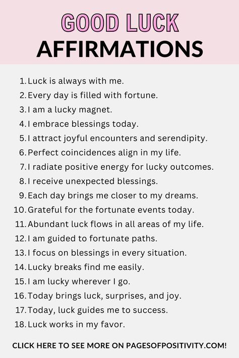 a pin that says in a large font Good Luck Affirmations Good Luck Mantra, How To Manifest Good Luck, How To Change Your Luck, Cocky Affirmations, Good Luck Manifestation, Good Luck Affirmations, I Am Lucky Affirmation, Safety Affirmations, Lucky Affirmations