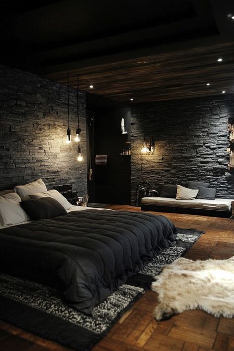 Dark Cozy Bedroom Ideas For Men Luxury Black Bedroom Design, Dark House Interior Design, Luxury Black Bedroom, Dark House Interior, Homey Bedroom, Dark Cozy Bedroom Ideas, Dark Modern Bedroom, Dark Bedroom Aesthetic, Exotic Bedrooms