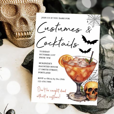 Halloween Costumes & Cocktails Invitation #HalloweenCocktails, #SpookySips, #BoozyBrews, #WitchesBrew, #HalloweenMixology, #HauntedHappyHour, #PotionParty, #GhoulishDrinks, #CreepyCocktailHour, #FangtasticLibations, #HalloweenCheers, #ScarySips, #DrinkUpWitches, #GoblinGulps, #EerieElixirs, #fashioninspo, #falloutfits, #Backtoschoolguide Scary Halloween Party Invitations, Halloween Cocktail Party, Witches Halloween Party, Drink Up Witches, Annual Halloween Party, Witches Halloween, Spooky Halloween Party, Halloween Party Invitation, Adult Halloween Party