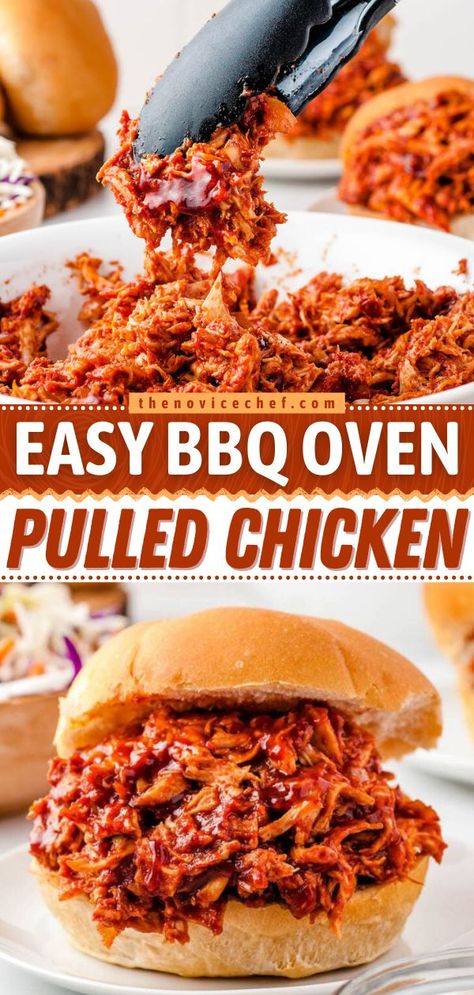 Easy BBQ Oven Pulled Chicken, chicken, dinner, main dishes Oven Baked Pulled Chicken, Baked Bbq Chicken Sandwiches, Easy Pulled Chicken Sandwiches, Shredded Bbq Chicken Oven, Pulled Chicken In Oven, Shredded Bbq Chicken Stovetop, Easy Bbq Chicken Sandwich, Pulled Chicken Recipes Easy, Barbeque Chicken Tacos