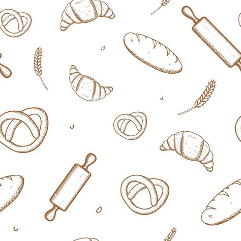 Hand drawn seamless pattern of bread and bakery products Bakery Vector Illustrations, Baking Illustration Art, Bakery Elements, Bakery Drawing, Bread Packaging Design, Baker Costume, Bakery Pattern, Bakery Illustration, Bread Pattern