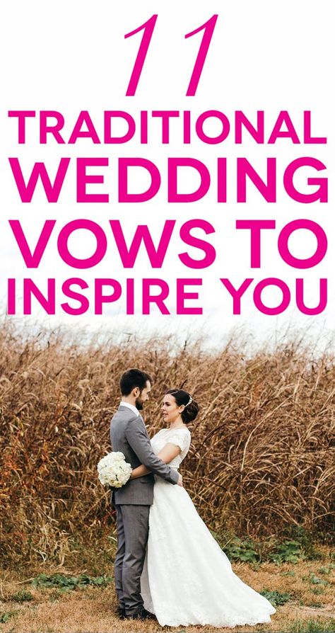 A wedding couple in front of a field with text 11 traditional wedding vows Christian Wedding Vows, Vow Examples, Wedding Vows Examples, Traditional Wedding Vows, Simple Beach Wedding, Wedding Readings, Wedding Ceremony Ideas, Practical Wedding, Marriage Vows