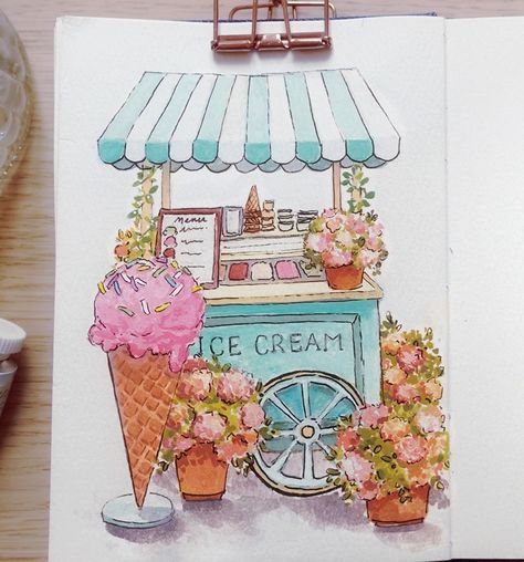 Watercolor Art Ice Cream, Coffee Shop Drawing Illustration, Ice Cream Paintings, Cute Shop Drawing, Nianiani Watercolor, Ice Cream Shop Drawing, Ice Cream Shop Illustration, Ice Cream Truck Drawing, Shops Drawing