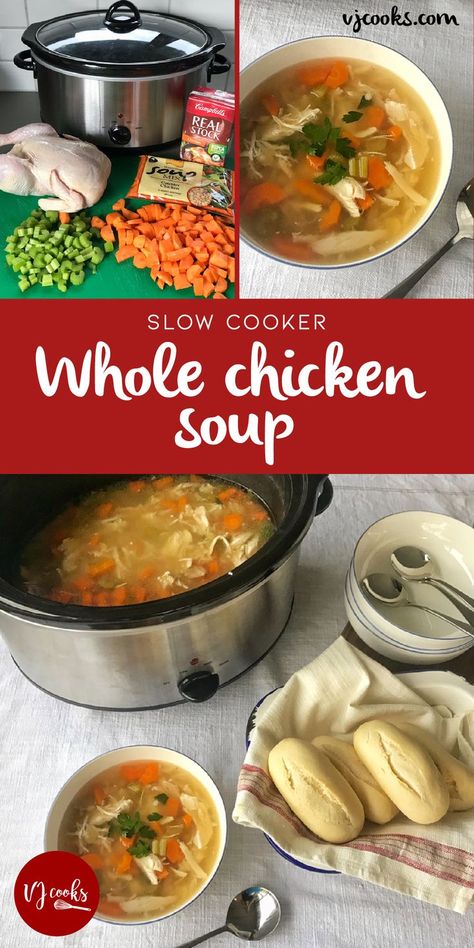 The easiest whole chicken soup cooked in the slow cooker. Recipe from VJ cooks. #vjcooks #chickensoup #crockpot Crock pot whole chicken soup. Whole Chicken Slow Cooker, Whole Chicken Soup, Slow Cooker Whole Chicken, Chicken Soup Slow Cooker, Chicken Soup Crockpot, Vj Cooks, Chicken Slow Cooker, Chicken Crockpot, Crockpot Soup Recipes