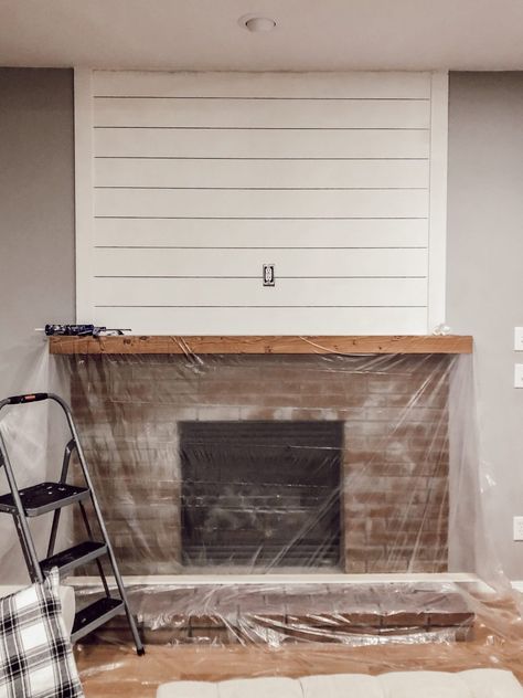 Fireplace Shiplap And Brick, Brick And Shiplap Fireplace, Brick Fireplace Hearth, Accent Wall Rustic, Wood Beam Mantle, Diy Brick Fireplace, Brick And Shiplap, Beam Mantle, Diy Shiplap Fireplace