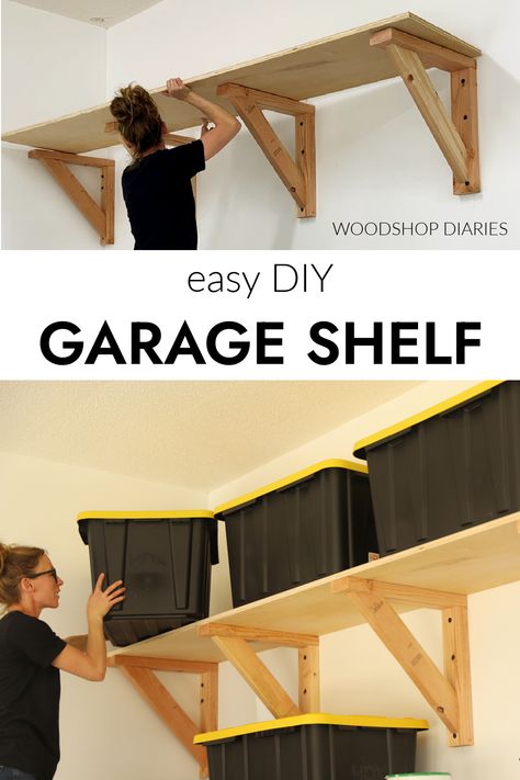 Easy DIY Garage Wall Shelves Building Shelves For Garage, 2x4 Shelves Diy Garage, Wooden Shelves Garage, Diy Wood Hanging Shelves Garage, How To Build A Shelf Diy Storage, Strong Shelves Diy, Garage Wood Shelving, Shed Storage Shelves Easy Diy, Cheap Garage Shelving