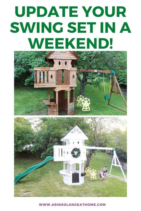 Make plans to update your old outdated swingset! You can paint and remodel your old swing set or play set on a budget. See how we did this DIY project in a weekend! Diy Swingset, Swing Set Makeover, Diy Playroom, Baby Playroom, Boys Playroom, Playground Set, Girls Playroom, Teen Bedroom Designs, Wooden Playset