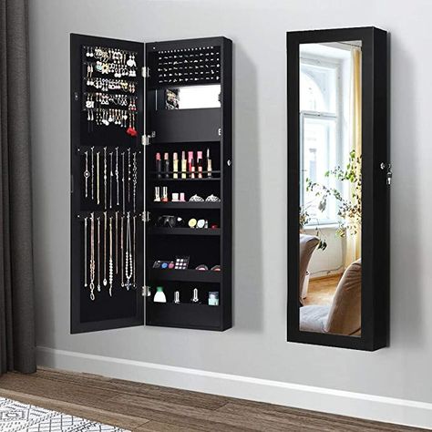 DORTALA Wall Mounted Jewelry Cabinet, Lockable Door Hanging Jewelry Armoire with 12LEDs, Space Saving Makeup Jewelry Organizer, Jewelry Display Cabinet with Full Length Dressing Mirror, Ideal for Bedroom, Closet, Dressing Room, Black : Amazon.ca: Everything Else Armoire With Mirror, Wall Mounted Jewelry Armoire, Mirror Jewellery Cabinet, Dressing Table Design, Jewelry Cabinet, Dressing Mirror, غرفة ملابس, Wall Door, Design Del Prodotto