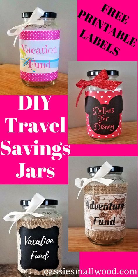 Get your free printable labels and make your own DIY Travel Savings Jar! This is a fun and easy way to save money for vacation. Your travel savings jar will make it so simple to save for family vacations or romantic couples trips. Save your coins or dollars in these cute travel savings jars. 4 different vacation savings jar designs to choose from. Savings Jar Diy, Vacation Money Jar, Disney Savings Jar, Vacation Fund Jar, Vacation Savings Jar, Save Money For Vacation, Couples Trips, Honeymoon Shower, Money Saving Jar