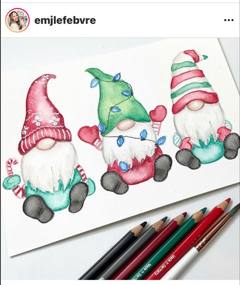 Christmas Gnome Watercolor, Watercolor Gnomes Christmas, Christmas Gnome Drawing, Christmas Gnomes Drawing, Christmas Gnomes Painting, Christmas Drawing Ideas Pencil, Gnome Christmas Cards, Christmas Knomes, Watercolor Christmas Cards Diy