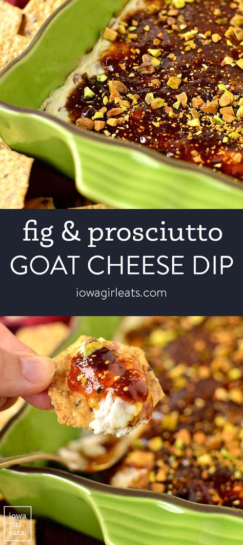 Warm Fig and Prosciutto Goat Cheese Dip is like a cheese board in dippable form and warms in just 10 minutes. Serve this easy cream cheese dip recipe for any occasion! iowagirleats.com keywords: dip recipes, dip recipes easy, dip recipes for parties, appetizer recipes easy, gluten free dip recipes Goat Cheese And Prosciutto, Prosciutto Goat Cheese, Fig And Prosciutto, Gluten Free Dips, Pepperoni Dip, Goat Cheese Dip, Easy Dip, Goat Cheese Recipes, Cheesecake Dip