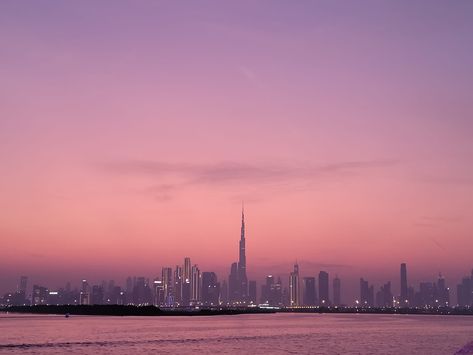 dubai, burj khalifa, sunset, moon, night lights, skyline, water, stunning - 2022 Dubai Skyline Wallpaper, Dubai Pink Aesthetic, Pink Skyline, Dubai Sunset, Dubai Burj Khalifa, Dubai Skyline, Dubai Aesthetic, Pink Laptop, Macbook Wallpaper