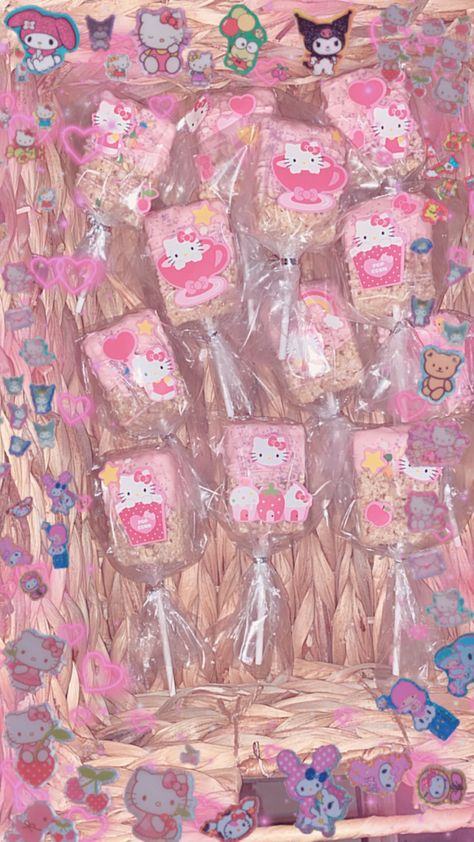 Hello Kitty Food Ideas Parties, Hello Kitty Rice Krispie Treats, Hello Kitty Themed Desserts, Sanrio Party Theme Ideas, Hello Kitty Sanrio Birthday Party Ideas, Sanrio Birthday Treats, Hello Kitty Snack Table, Hello Kitty Treats Sweets, Hello Kitty Sweet Sixteen