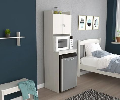 Millwood Pines Nelms 72" Kitchen Pantry | Wayfair Micro Fridge Cabinet, Office Mini Fridge Station, Mini Fridge Microwave Cabinet, Mini Fridge And Microwave Cabinet, Tiny Room Storage Ideas, Hidden Mini Fridge In Bedroom, Mini Refrigerator Cabinet, Mini Kitchen In Bedroom, Mini Fridge Cabinet