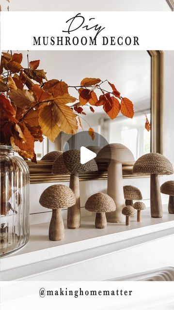 Fall Mushrooms Decor, Toilet Roll Tree, Natural Texture Home Decor, Fall Chair Decor, Dried Mushroom Decor, Wooden Mushroom Decor, Natural Fall Decor Ideas, Thanksgiving Decor Ideas For The Home, Diy Mushroom Decor Crafts