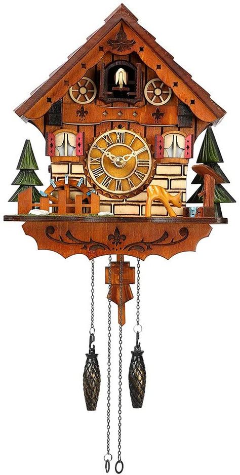 Cuckoo Clock Handcrafted Traditional Black Forest Wood Clock Wall Decor When time's up: cuckoo pops out from nest singing and calling "Coo Coo" to entertain you and your families This gorgeous cuckoo clock is made of solid wood and has an approximate dimensions 8.1 x 5.1 x 9.1 inches (without pendulum) The Cuckoo Clock components of Night Shut Off Sensor and Music On/Off Switch 1 SWITCH AND 1 BUTTON easy to setup and operating This cuckoo clock is powered by 3 Type-C batteries (not included).We recommend use carbon zinc batteries and change the batteries twice a year for optimum performance and enjoyment. Batteries are not required to be taken out if you go out for a short vocation Product Description Kintrot Enrich your home, Living better! We are clock experts and innovators of creative Farmhouse Clocks, Forest Wood, Classic Clocks, Chalet Style, Pendulum Clock, Diy Clock Wall, Wood Clock, Unique Clocks, Bathroom Accessories Sets