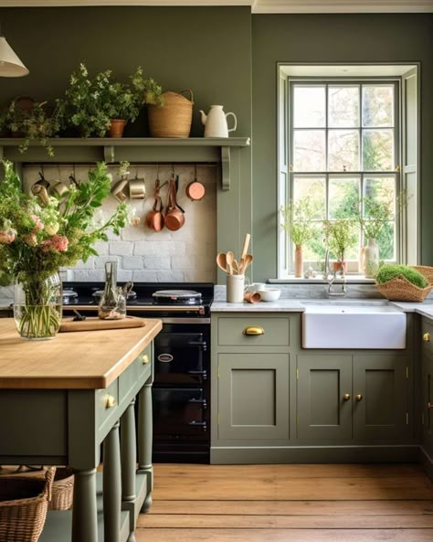 Sage Kitchen, Sage Green Kitchen, Farmhouse Kitchen Design, Green Cabinets, Kitchen Trends, Decoration Inspiration, Cottage Kitchen, Green Kitchen, Counter Tops