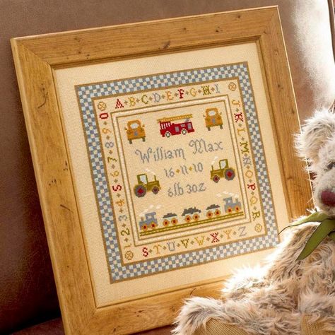 Historical Sampler Company Fire Engine Birth Sampler Cross Stitch Kit - 24cm x 24cm Birth Cross Stitch, Birth Sampler, Sampler Cross Stitch, Nursery Cross Stitch, Stitch Sampler, Tapestry Kits, Cross Stitch Supplies, Creative Arts And Crafts, Cross Stitch Baby