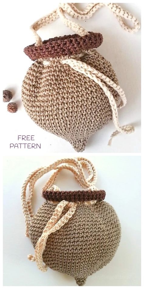 Crochet Acorn Pouch Bag Free Crochet Pattern Crocheted Purses, Bag Free Crochet Pattern, Pattern For Crochet, Yarn Bag, Crochet Fall, Fun Crochet Projects, Crochet Lovers, Crochet Free, Diy Crochet Projects