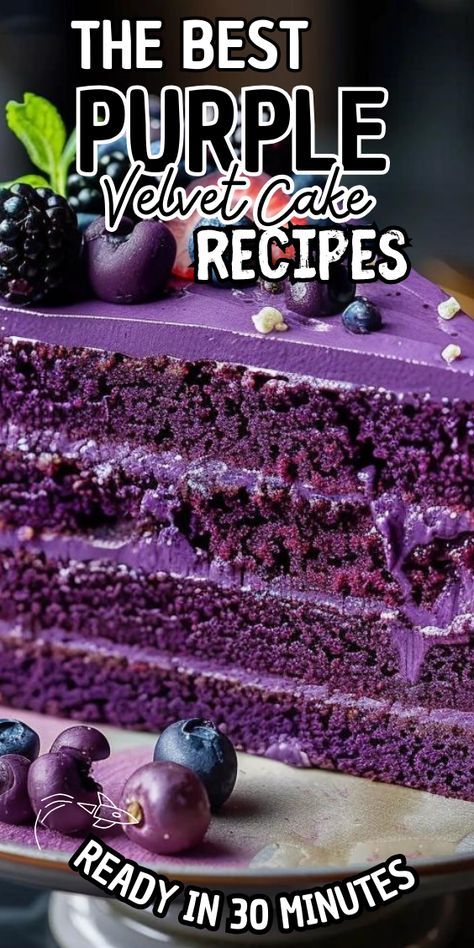 Purple Velvet Cake Purple Treat Table Ideas, Purple Treats, Purple Velvet Cake, Cake For Party, Purple Velvet Cakes, Velvet Desserts, Ube Cake, Frozen Drinks Alcohol, Purple Cakes Birthday