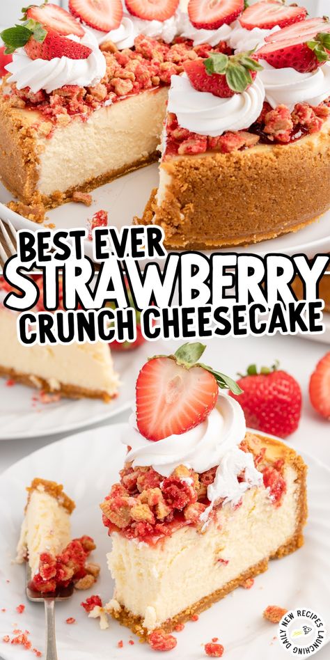 Strawberry Cheesecake Dessert Recipes, Strawberry Crunch Banana Pudding Cheesecake, Cool Cheesecake Recipes, Strawberries And Cream Cheesecake Cake, White Chocolate Strawberry Cheesecake Recipe, Crazy Cheesecake Recipes, Cheesecake Crust Alternative, Toppings For Cheesecake, Strawberry Crunch Cake Cheesecake