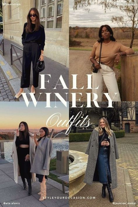 Prepare for your 2024 vineyard trip with this list of chic fall winery outfits! From laid-back jeans to elegant dresses and skirts, we've curated the ideal looks for your next California wine tasting trip. Stay stylish and snug in our comfortable yet trendy outfits (perfect for cold weather). With fall style ideas to fit all sizes, enjoy exploring vineyards in style this autumn! 🍁🍷 Fall Napa Outfits Wine Country, Casual Winery Outfit, Wine Vineyard Outfit Fall, Winery Outfits Fall, Vineyard Outfits Fall, Country Outfits Fall, Fall Wine Tour, Fall Winery Outfits, Wine Country Outfit