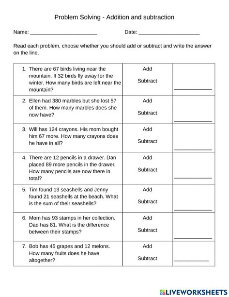 3rd Grade Math Addition And Subtraction, Solving Problems, Addition Subtraction Worksheet, Subtraction Worksheets For Grade 2, Maths Problem Solving, Problem Solving Activities For Kids, Addition Problem Solving Worksheets, Grade 5 Math Worksheets Word Problems, 4th Grade Math Worksheets Word Problems Addition And Subtraction