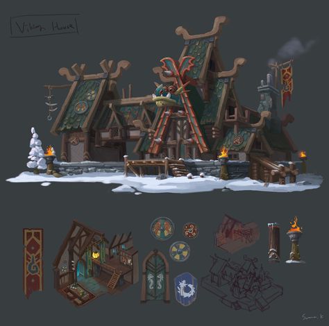 ArtStation - viking house, Summer Kim Casa Viking, Fantasy Tavern, Nordic Architecture, Viking House, Viking Village, Vikings Game, Nordic House, Vis Dev, Dragon House