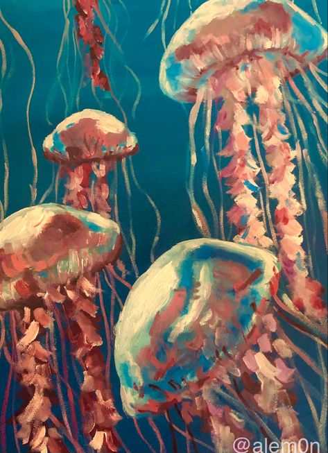 @alem0n i did it hehe Moon Jellyfish Painting, Blue And Purple Drawings, Ocean Underwater Painting, Jellyfish Oil Painting, Under Ocean Painting, Oil Pastel Jellyfish, Painting Inspiration Aesthetic, Aesthetic Art Pictures, Sea Animal Paintings