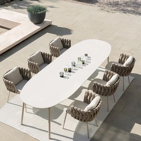 7-Pieces Outdoor Dining Set with Oval Marble-top Table and Rattan Woven Armchair Backyard Dining, Marble Top Dining Table, Outdoor Dining Spaces, Esstisch Modern, Dining Furniture Sets, Mesa Exterior, Marble Table Top, Oval Table Dining, Chair Dimensions