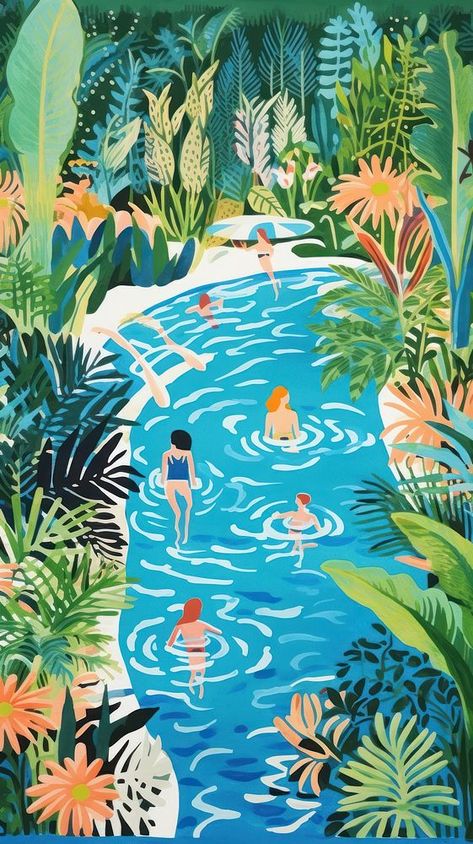 Pool party nature painting swimming.  | premium image by rawpixel.com / Rob Pool Party Illustration, Pool Party Template, Cartoon Palm Tree, Nature Pool, Jungle Cartoon, Pool Background, Palm Tree Plant, Summer Aesthetics, Nature Painting