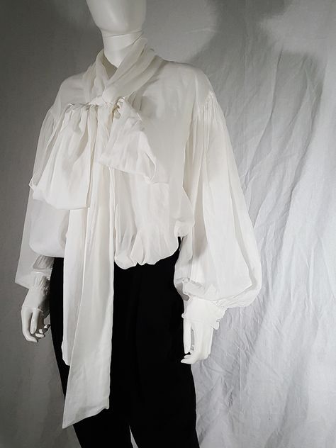 Dries Van Noten white poet blouse with long scarf collar | V A N II T A S Blouse Drawing, Prince Clothes, Poet Blouse, Poet Shirt, Blouse Man, Dark Academia Fashion, Balloon Sleeve Blouse, Curated Vintage, Alternative Outfits