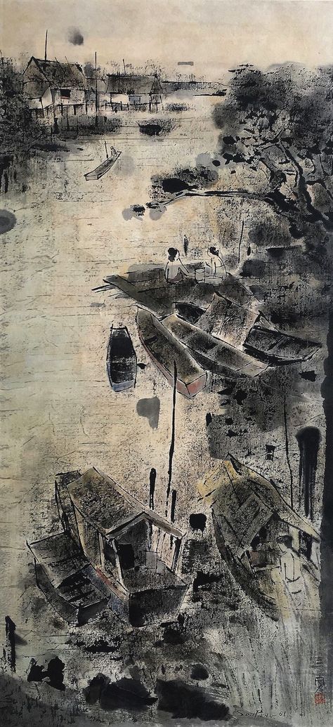 CHEONG SOO PIENG | Xiamen, China 1917 - Singapore 1983. #singaporeanart #singaporeanpocket KAMPUNG FISHING VILLAGE - SIBU (MALAYSIA) RIVERSIDE 1961 Sibu, Xiamen, Fishing Villages, City Photo, Singapore, Fishing, Abstract Artwork, Fish, China