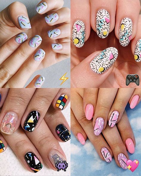 Lights Lacquer on Instagram: “Current Inspo ⚡️👾💖 We LOVE these retro-inspired nail art looks!!! Who else is loving these 80s/90s vibes?!? 👀 #LightsLacquer” 1980s Nail Art, 90 S Nails, 80s Aesthetic Nails, 80s Nail Ideas, Retro 80s Nail Designs, 90s Nail Designs Art Ideas, 90s Nail Art Design, Nails 90s Aesthetic, 80s Themed Nails