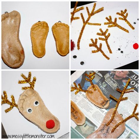 Reindeer Salt Dough Ornaments, Infant Salt Dough Ornaments, Reindeer Feet Ornament Salt Dough, Salt Dough Christmas Ornaments Baby, Salt Dough Ornaments Baby Foot, Reindeer Footprint, Childrens Christmas Crafts, Dough Crafts, Ornaments Crafts